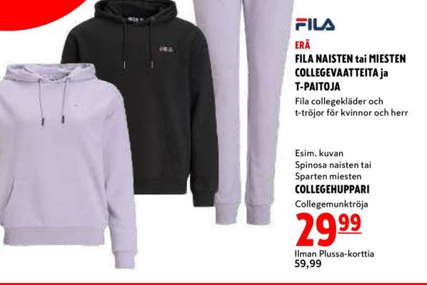 FILA NAISTEN tai MIESTEN COLLEGEVAATTEITA ja T-PAITOJA