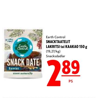 Earth Control SNACKTAATELIT LAKRITSI tai KAAKAO 150 g