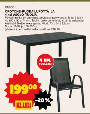 CROTONE-ruokailupöytä ja 4 kpl ASOLO-tuolia