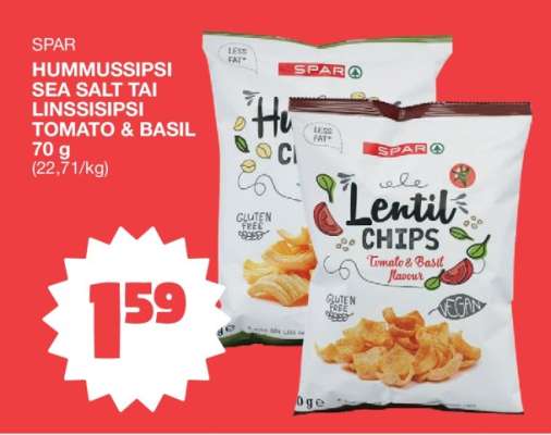 SPAR Hummussipsi Sea Salt tai Linssisipsi Tomato & Basil 70 g