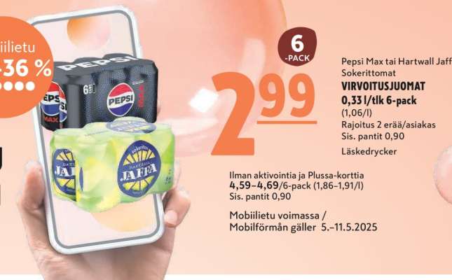 Pepsi Max tai Hartwall Jaffa Sokeroimattomat VIRVOITUSJUOMAT 0,33 l/tlk 6-pack