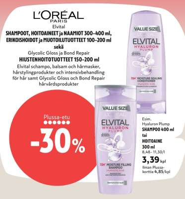 Elvital Hyaluron Plump SHAMPOO 400 ml tai HOITOAINE 300 ml