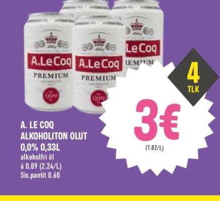 A. Le Coq Alkoholiton Olut 0,0% 0,33L