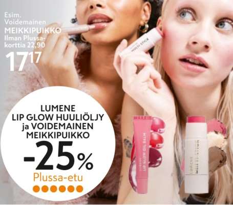 LUMENE LIP GLOW HUULIÖLJY ja VOIDEMAINEN MEIKKIPUIKKO