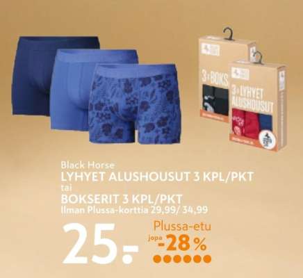 Black Horse LYHYET ALUSHOUSUT 3 KPL/PKT tai BOKSERIT 3 KPL/PKT