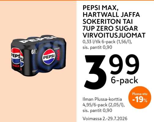 PEPSI MAX, HARTWALL JAFFA SOKERITON TAI 7UP ZERO SUGAR VIRVOITUSJUOMAT