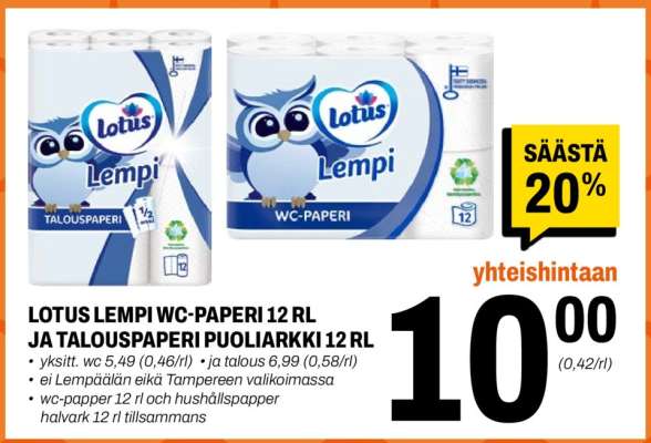 Lotus Lempi WC-paperi 12 rl ja talouspaperi puoliarkki 12 rl