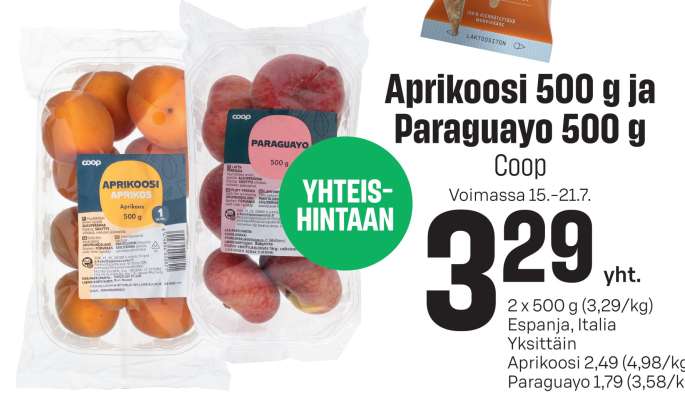 Aprikoosi 500 g ja Paraguayo 500 g