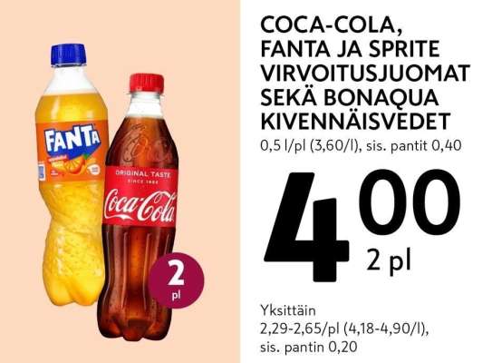 COCA-COLA, FANTA JA SPRITE VIRVOITUSJUOMAT SEKÄ BONAQUA KIVENNÄISVEDET