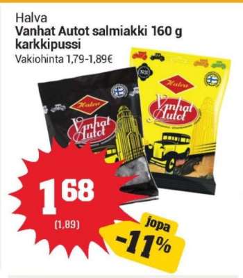 Halva Vanhat Autot salmiakki 160 g karkkipussi