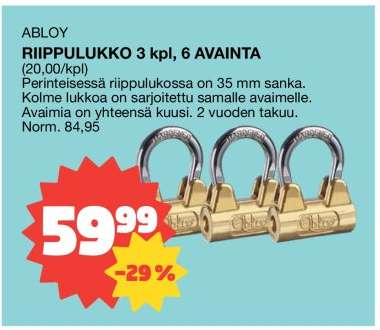 ABLOY RIIPPULUKKO 3 kpl, 6 AVAINTA