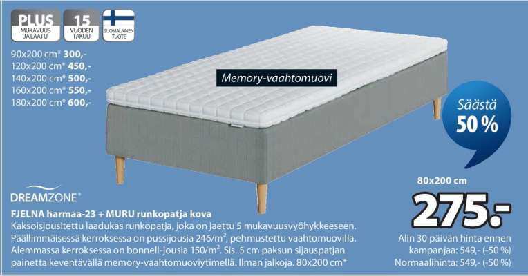 DREAMZONE FJELNA harmaa-23 + MURU runkopatja kova