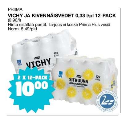 PRIIMA VICHY JA KIVENNÄISVEDET 0,33 l/pl 12-PACK