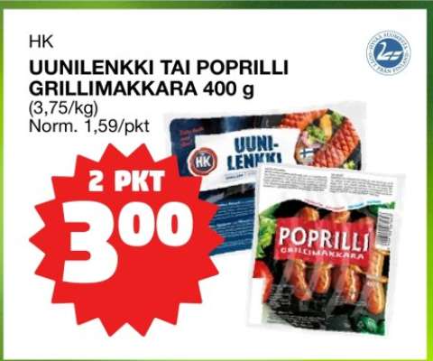 HK Uunilenkki tai Poprilli Grillimakkara 400 g