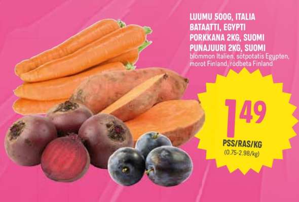 LUUMU 500G, ITALIA BATAATTI, EGYPTI PORKKANA 2KG, SUOMI PUNAJUURI 2KG, SUOMI