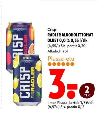 Crisp RADLER ALKOHOLITTOMAT OLUET 0,0 % 0,33 l/tlk