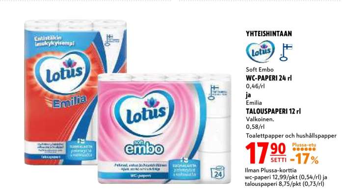 Lotus Soft Embo WC-PAPERI 24 rl ja Emilia TALOUSPAPERI 12 rl