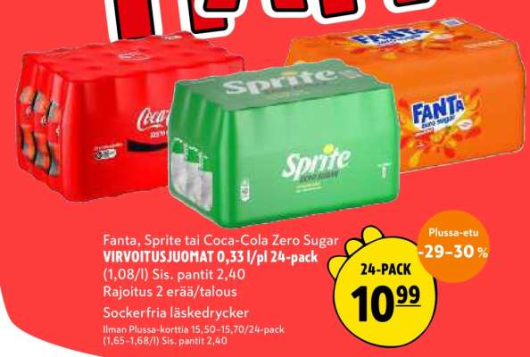 Fanta, Sprite tai Coca-Cola ZERO SUGAR VIRVOITUSJUOMAT 0,33 l/pl 24-pack