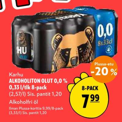 Karhu ALKOHOLITON OLUT 0,0 % 0,33 l/tlk 8-pack