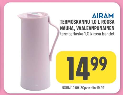 AIRAM TERMOSKANNU 1,0 L ROOSA NAUHA, VAALEANPUNAINEN