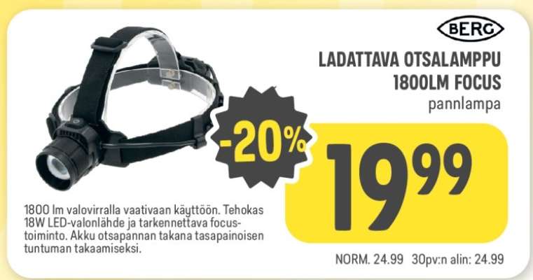 BERG LADATTAVA OTSALAMPPU 1800LM FOCUS