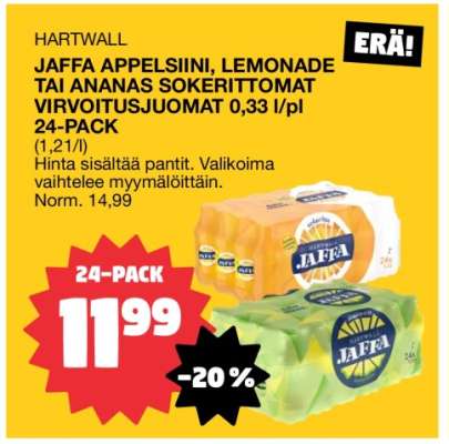 JAFFA APPELSIINI, LEMONADE TAI ANANAS SOKERITTOMAT VIRVOITUSJUOMAT 24-PACK