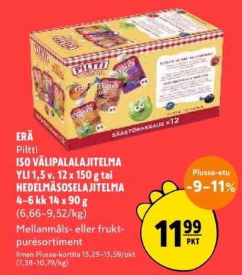 Piltti ISO VÄLIPALAJITELMA YLI 1,5 v. 12 x 150 g tai HEDELMÄSOSELAJITELMA 4-6 kk 14 x 90 g